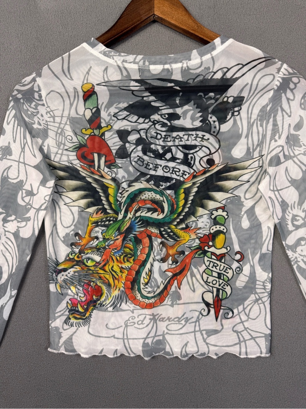 Ed Hardy Y2K Style Tattoo Mesh Long Sleeve Crop Top, Sheer Before Death Design S - Picture 10 of 16